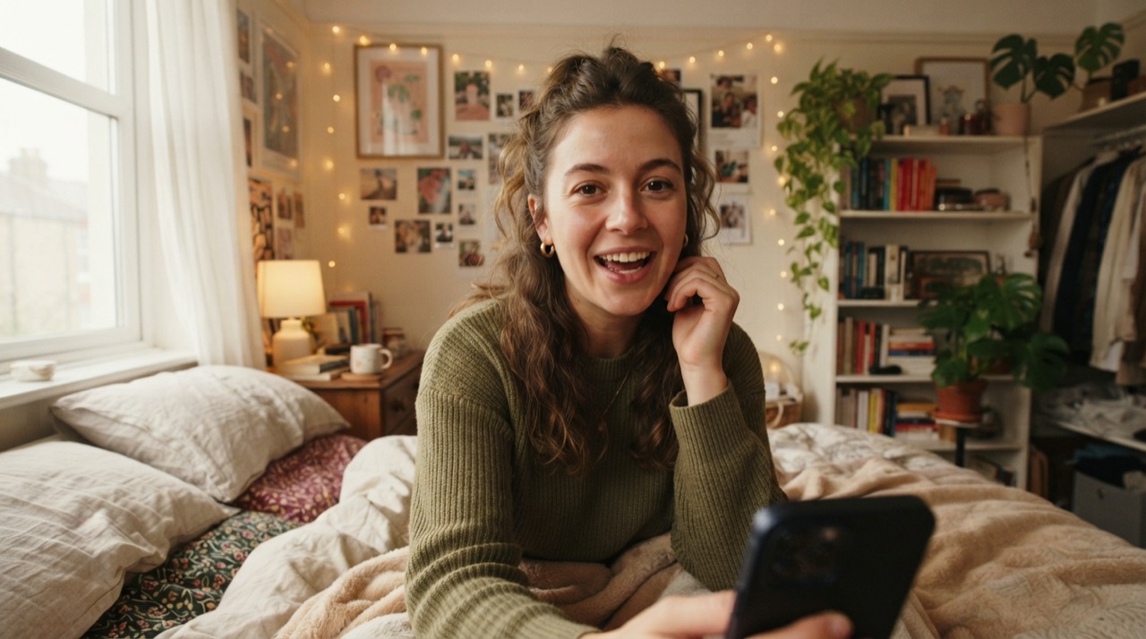 Un smartphone tenu à la main filmant une femme qui parle à la caméra dans une chambre cosy, style UGC