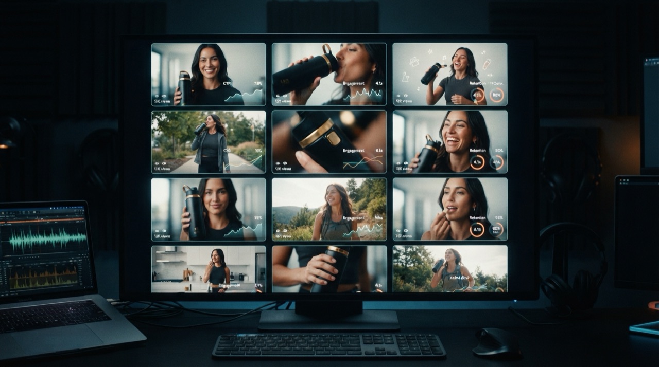 A grid of ad video thumbnails with slightly different hooks, glowing performance charts overlaid