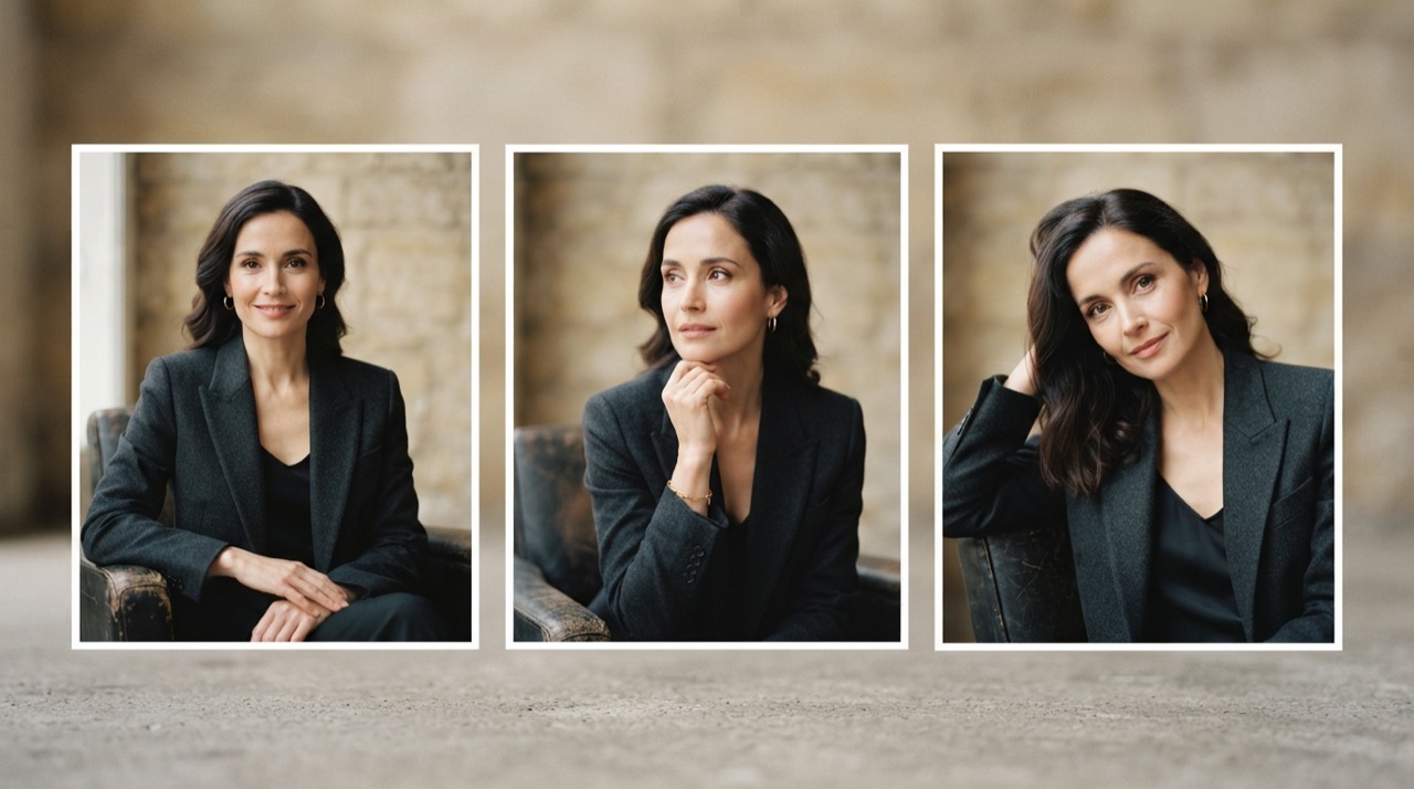 Three consistent portraits of the same character, generated as reference frames