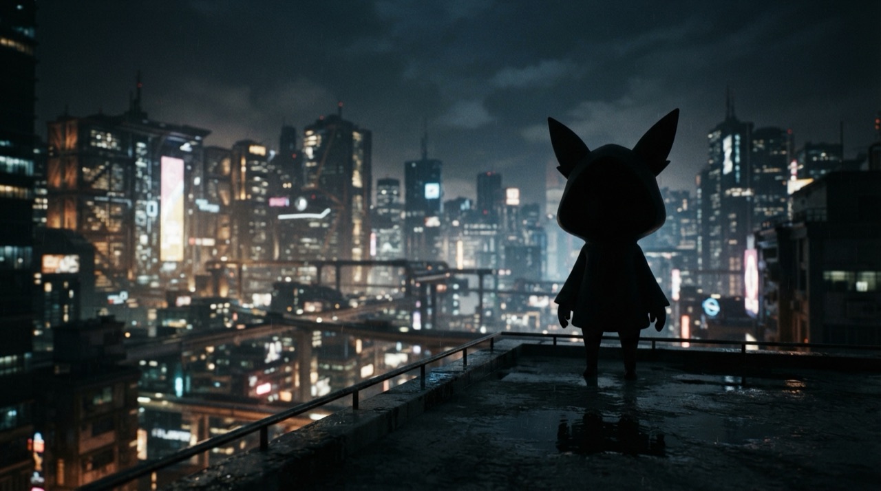 A stylized mascot silhouette in front of a glowing abstract cityscape, no visible human face