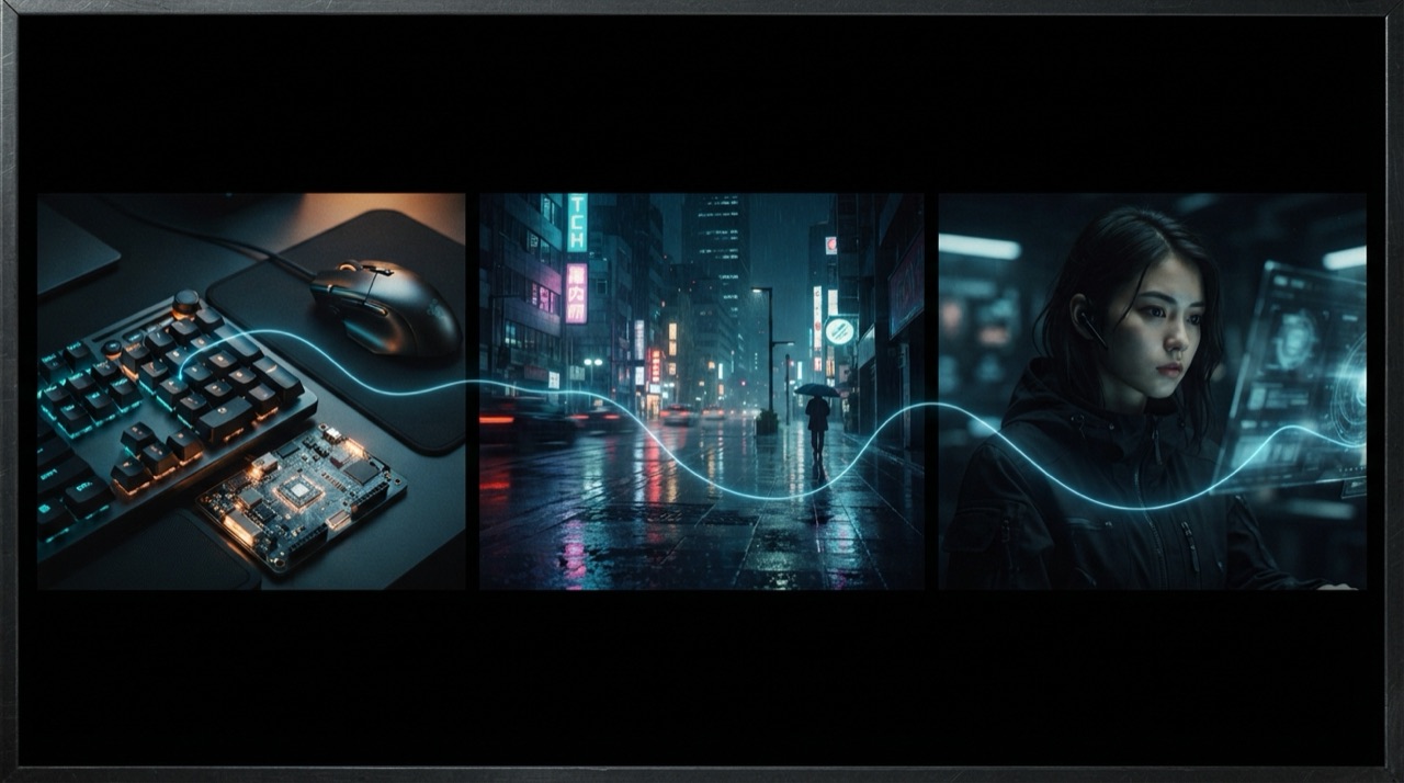 Three cinematic frames, a product close-up, a city street and a portrait, connected by a single glowing thread