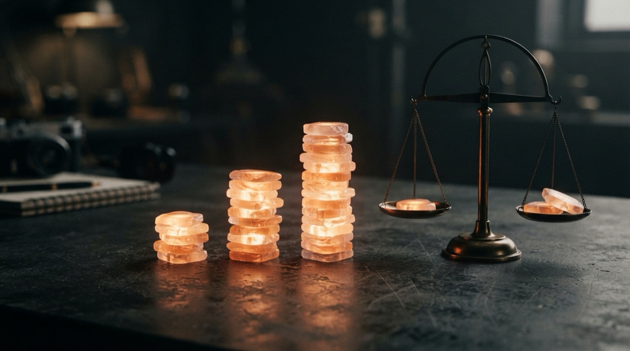 Trois piles de jetons-crédits lumineuses de hauteurs différentes à côté d'une balance