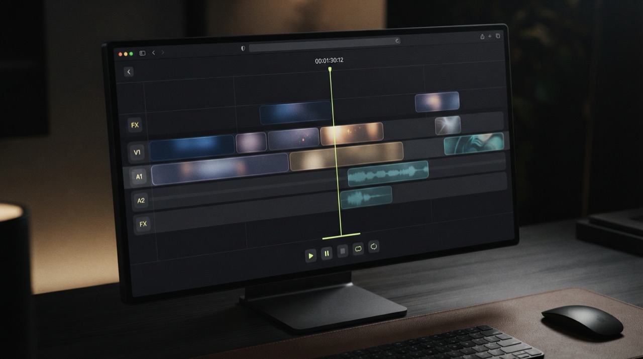 A browser-based timeline editor with clips, audio waveforms and a playhead