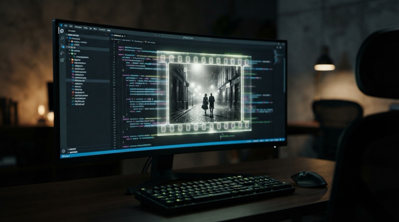 Un environnement de code avec un cadre de film cinématique se matérialisant depuis le code