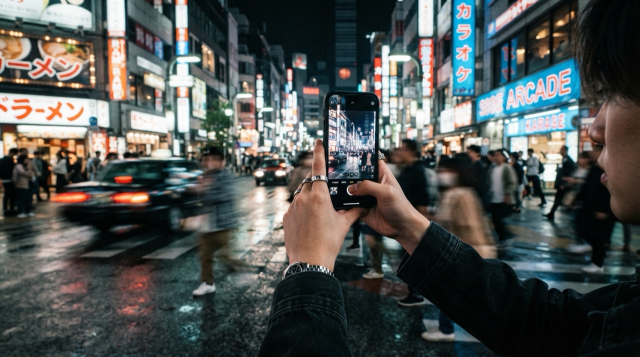 A hand holding a phone vertically, filming a fast-paced short-form video with neon night light